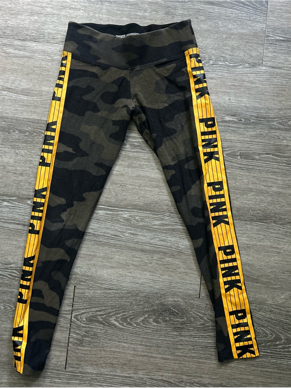 PINK Victoria's Secret Camo Leggings with Yellow Logo Stripes